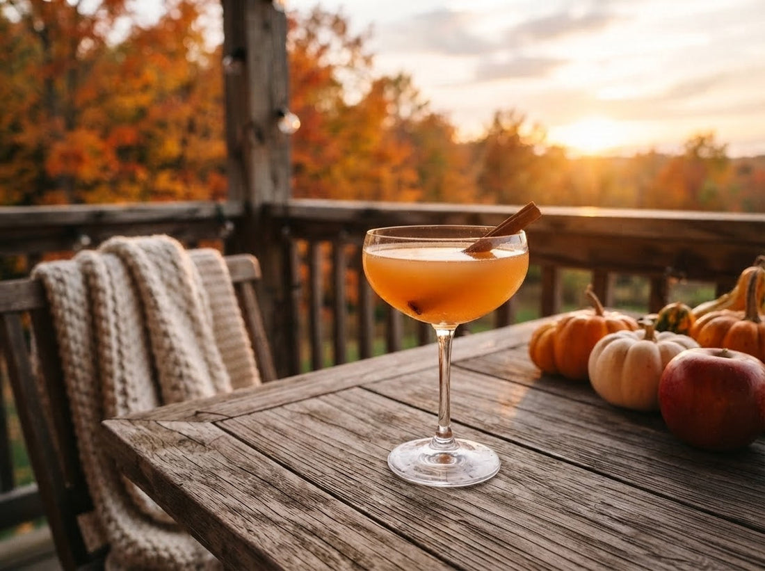 An apple cider cocktail in a coupe glass in a cozy autumn setting